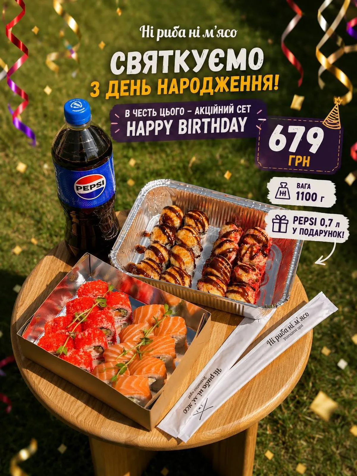 Дошка з м'ясом, рибою та напоєм на святкуванні