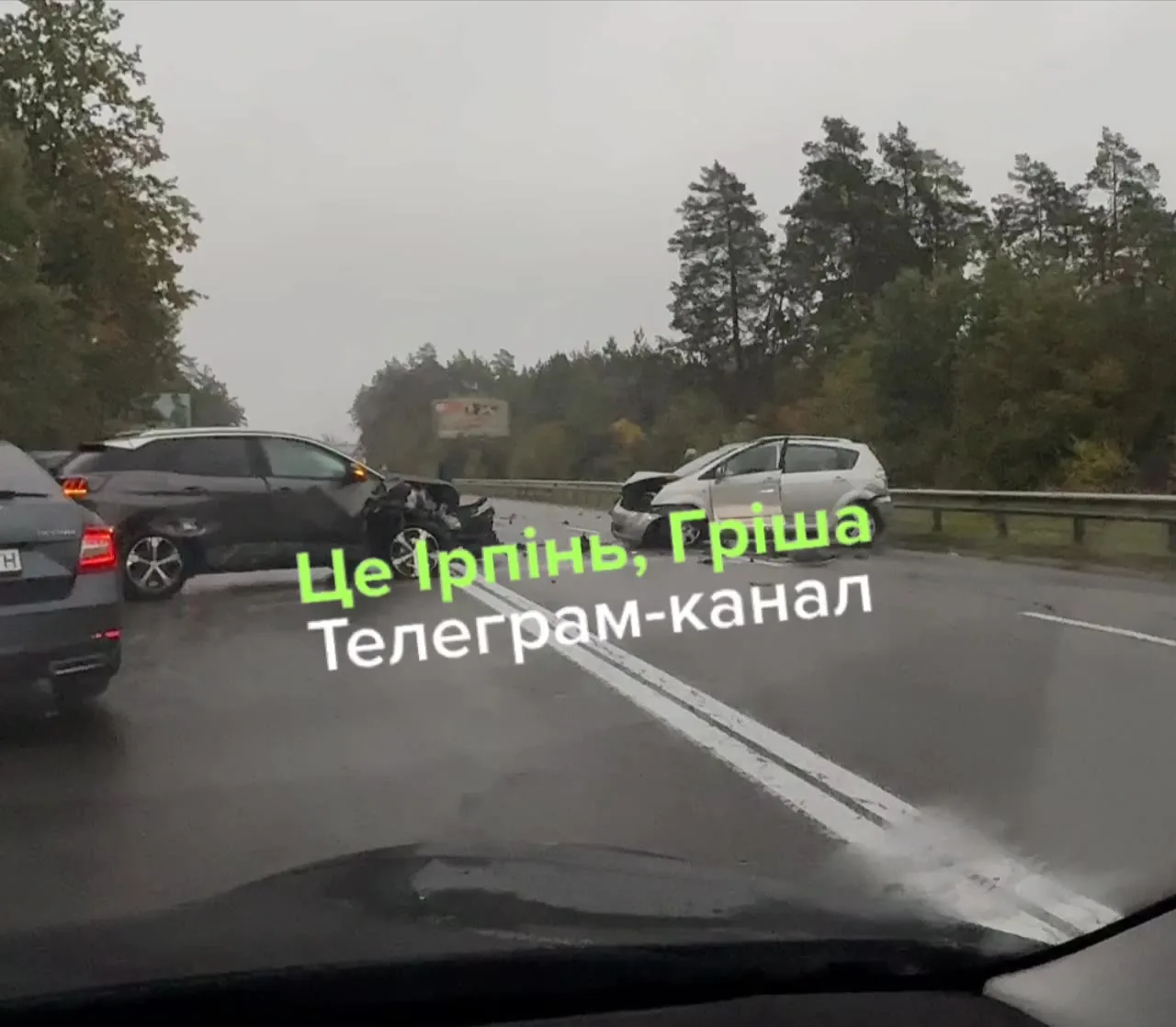 Два автомобілі після зіткнення на автомагістралі серед лісу