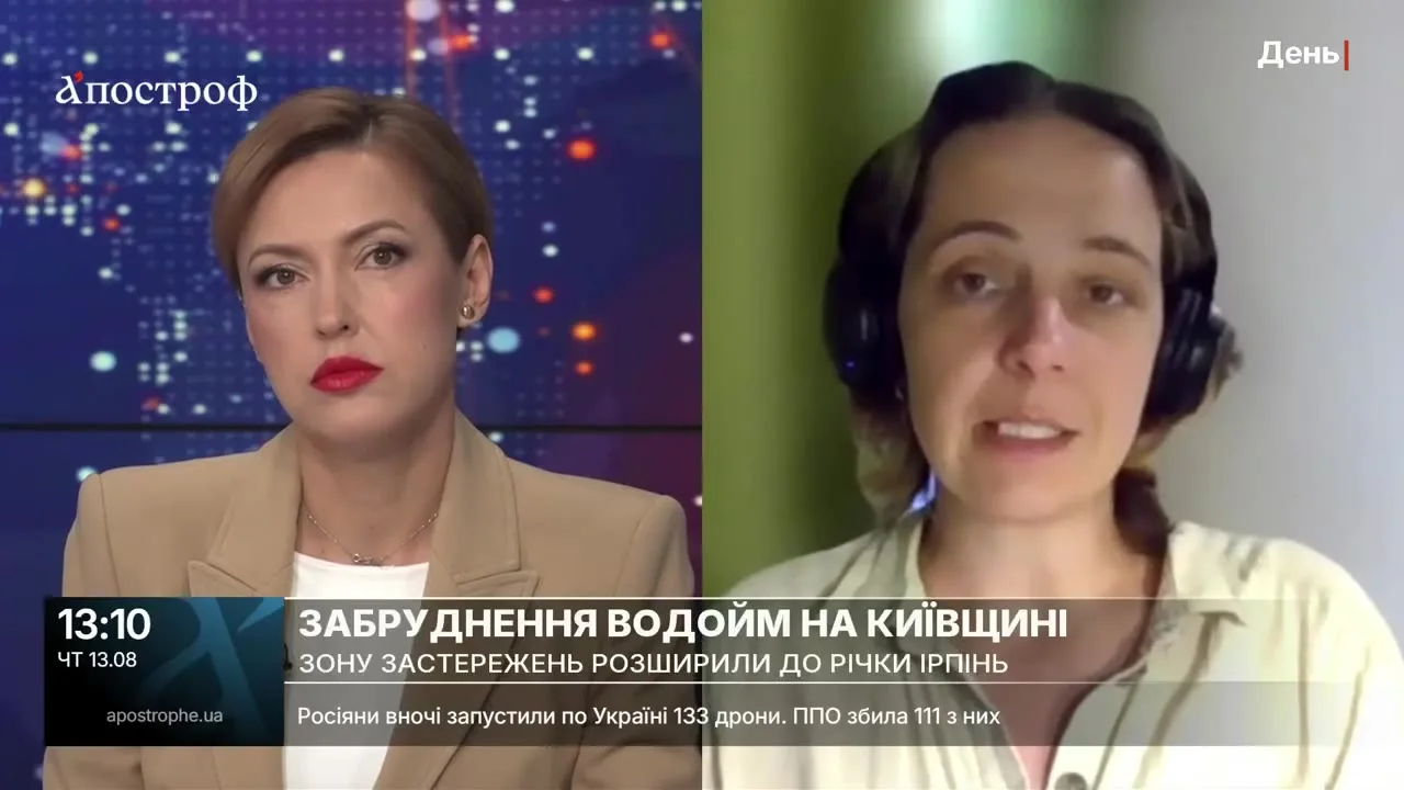 Два кадри з телевізійного інтерв'ю про забруднення води в річці Ірпінь