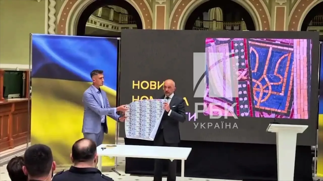 Двоє чоловіків демонструють нову банкноту на презентації