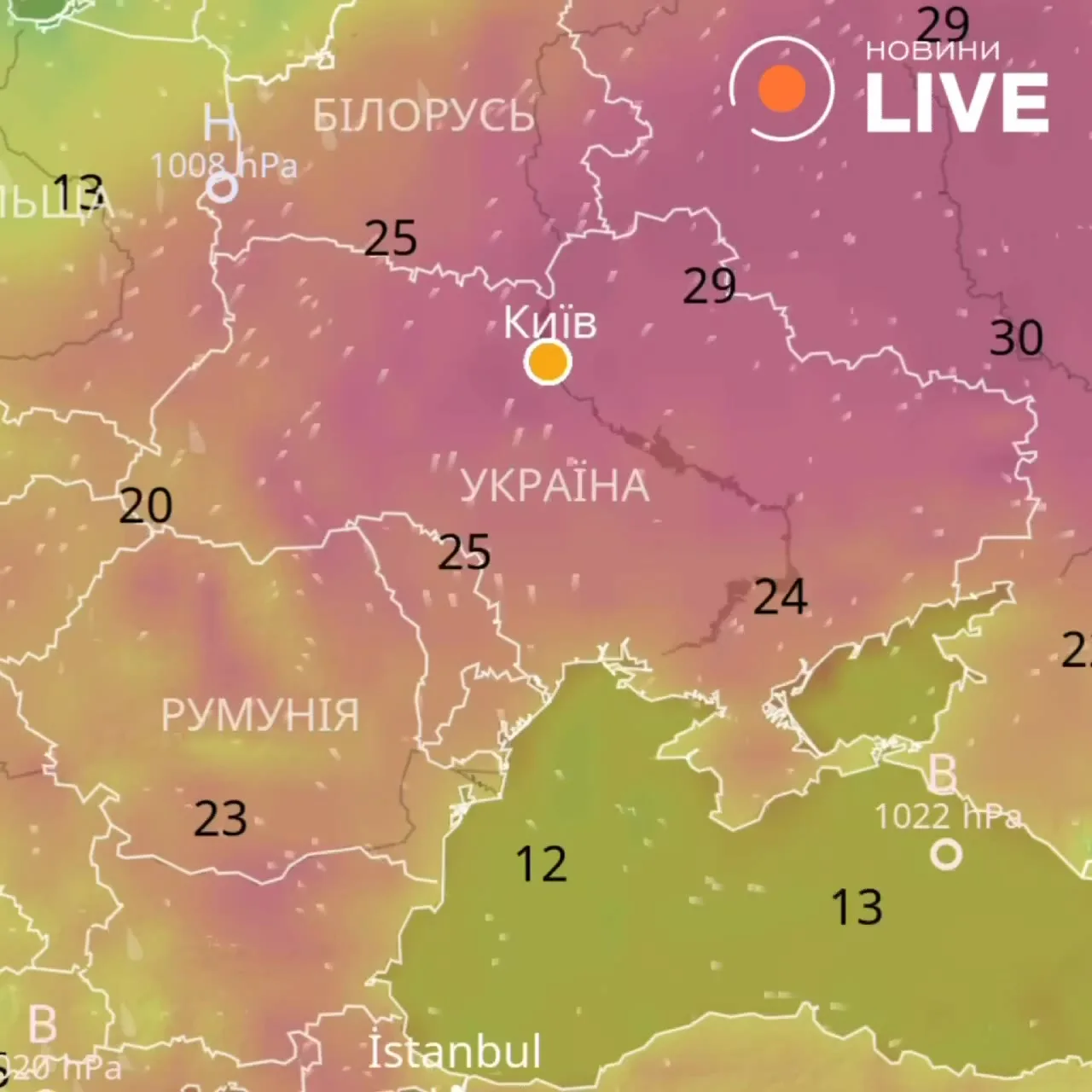 Карта погоди України з температурами та позначками міст