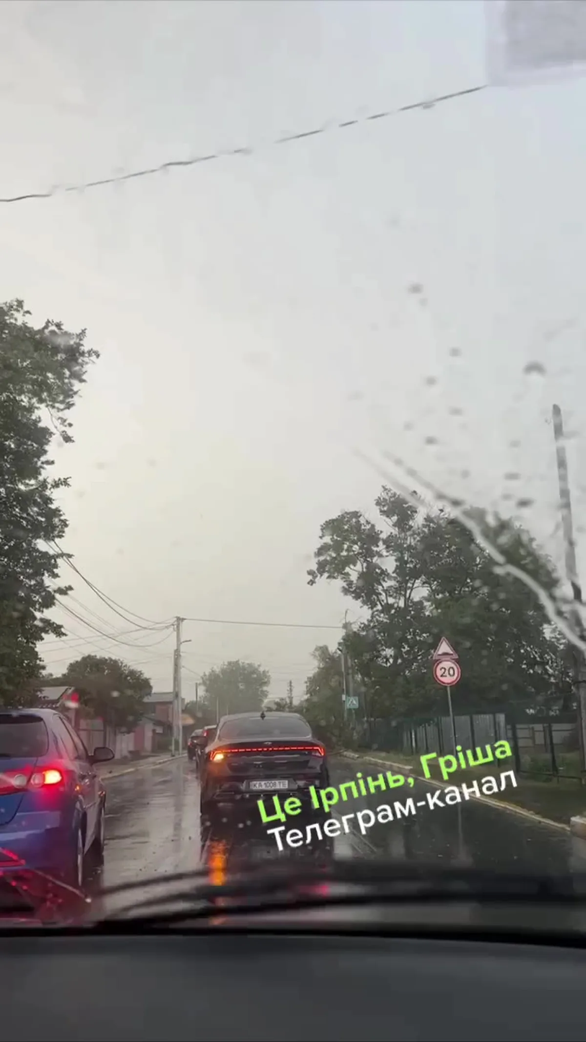 Вид з автомобіля на вулицю під час негоди з повалими деревами