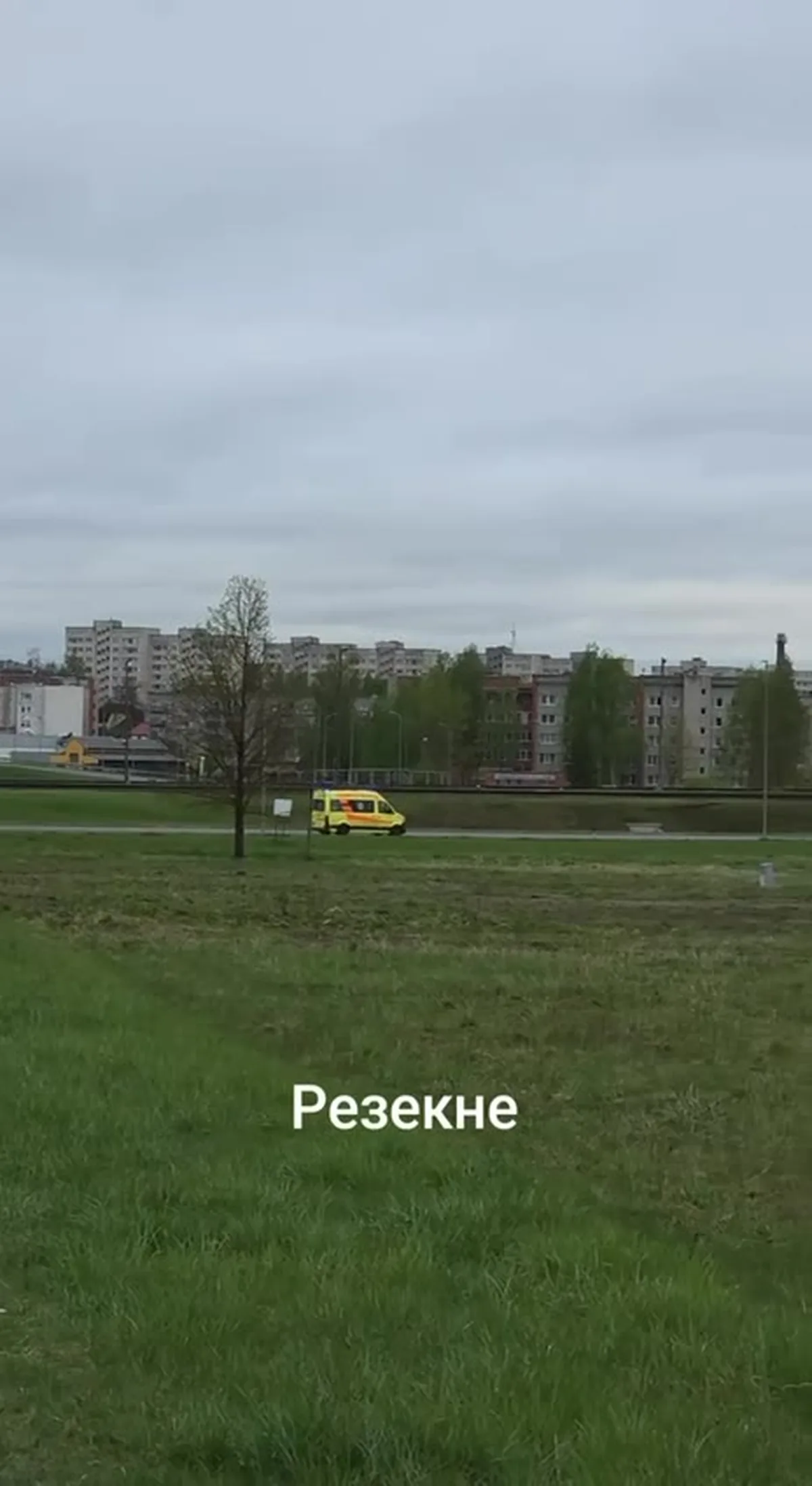 Жовтий автомобіль на зеленому полі біля будинків