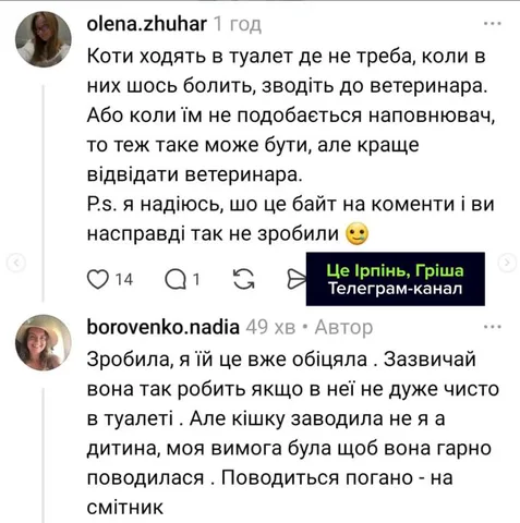 Скриншот коментарів у соціальній мережі про кішку