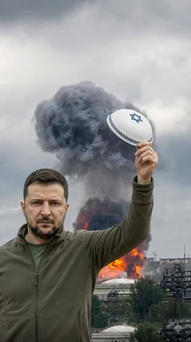 Чоловік тримає щит на фоні диму та вогню в місті