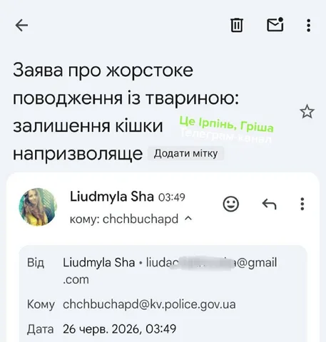 Скриншот повідомлення про залишену кішку в Бучі