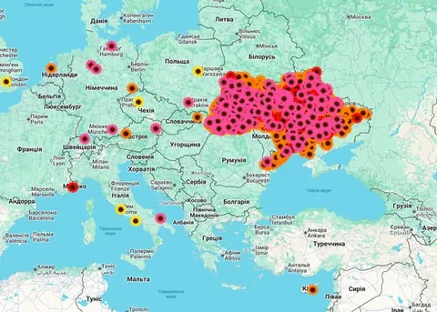 Карта Європи з позначеннями обстрілів та руйнувань на території України