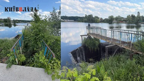 Два фото озера з пошкодженим та новим причалом