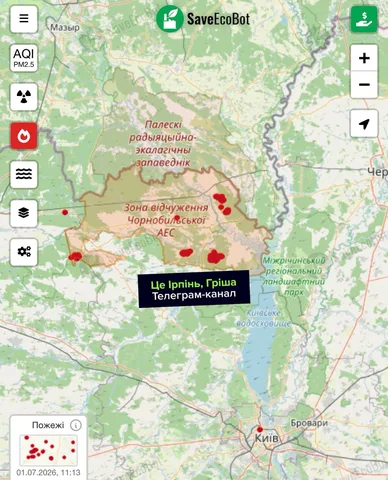 Карта Чорнобильської зони з позначеннями радіаційного фону