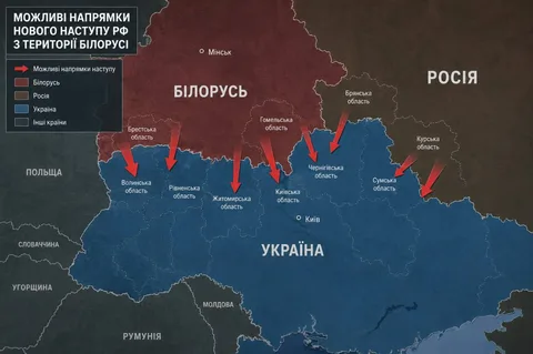 Карта України з позначенням можливих напрямків атак з території Білорусі