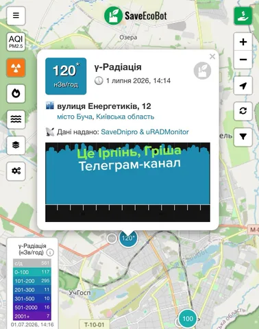 Екран мобільного додатку SaveEcoBot з картою радіаційного фону