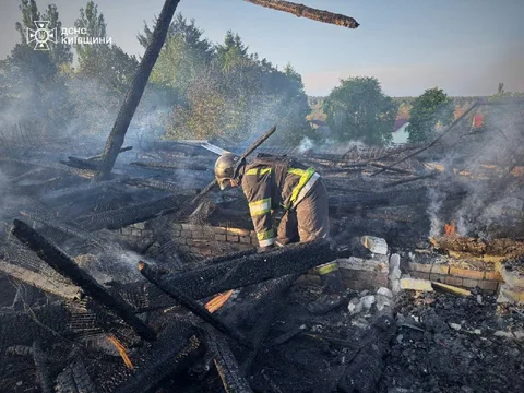 Рятувальник у жовтому костюмі гасить пожежу серед обгорілих дерев та уламків