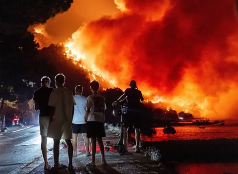 Люди спостерігають масштабну лісову пожежу вночі біля узбережжя