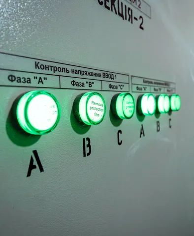 Панель керування з зеленими індикаторами напруги фаз