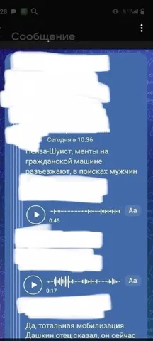 Скриншот повідомлення в месенджері з аудіозаписами про мобілізацію